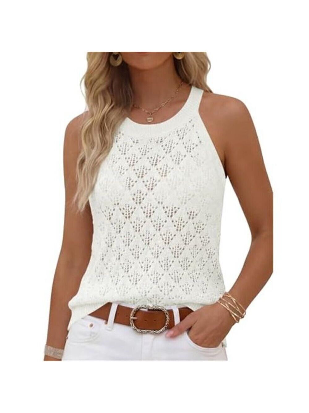 White Crochet Tank Top Sleeveless Hollow Knit Sweater Vest Boho Spring Shirt